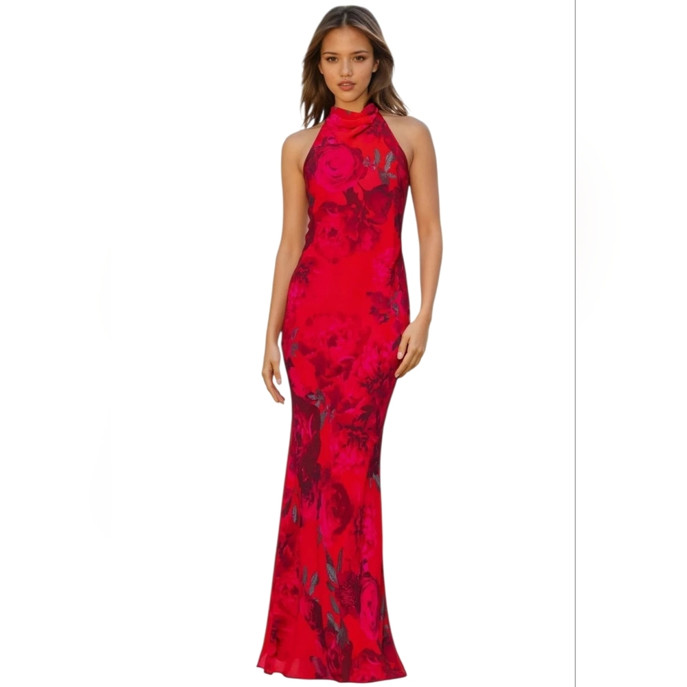 Betsy Adam Floral  Carly Halter Back Tie Neck Sleeveless Backless Sheath Dress